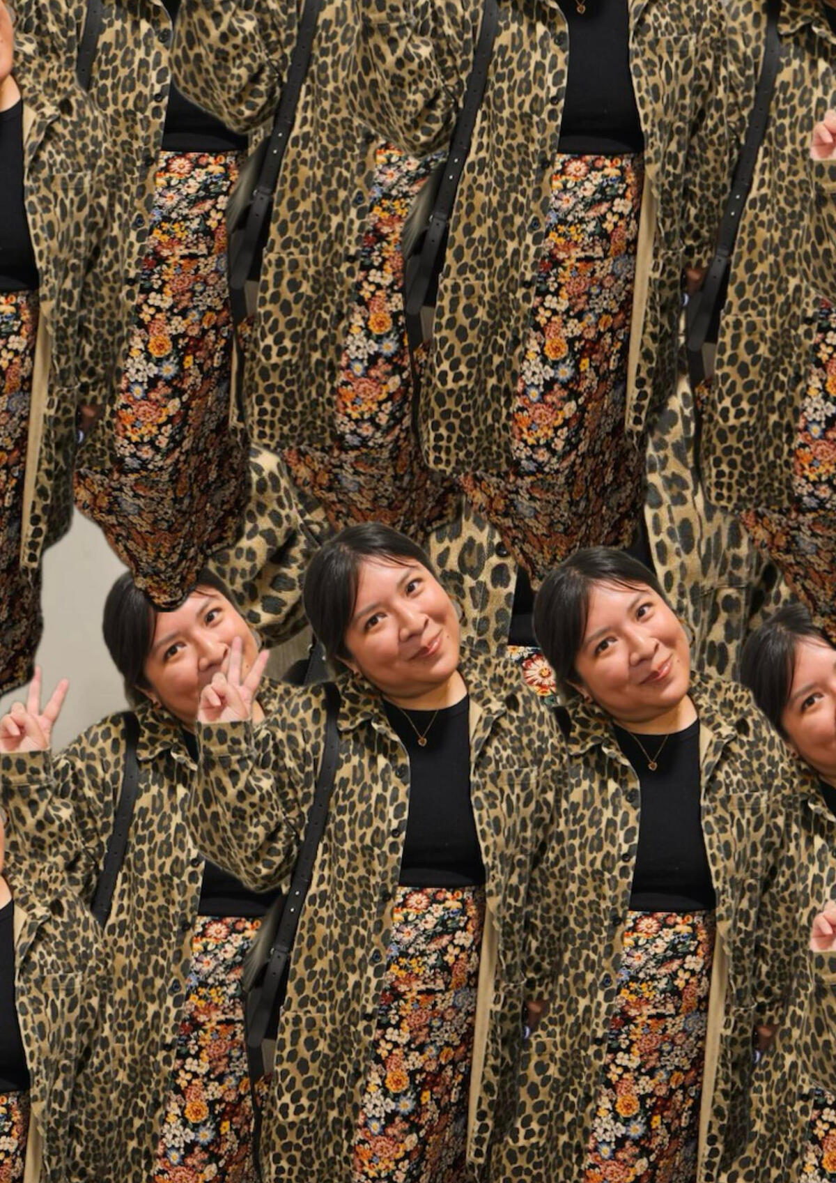 Michelle Phan in a patterned jacket, smiling against a patterned backdrop